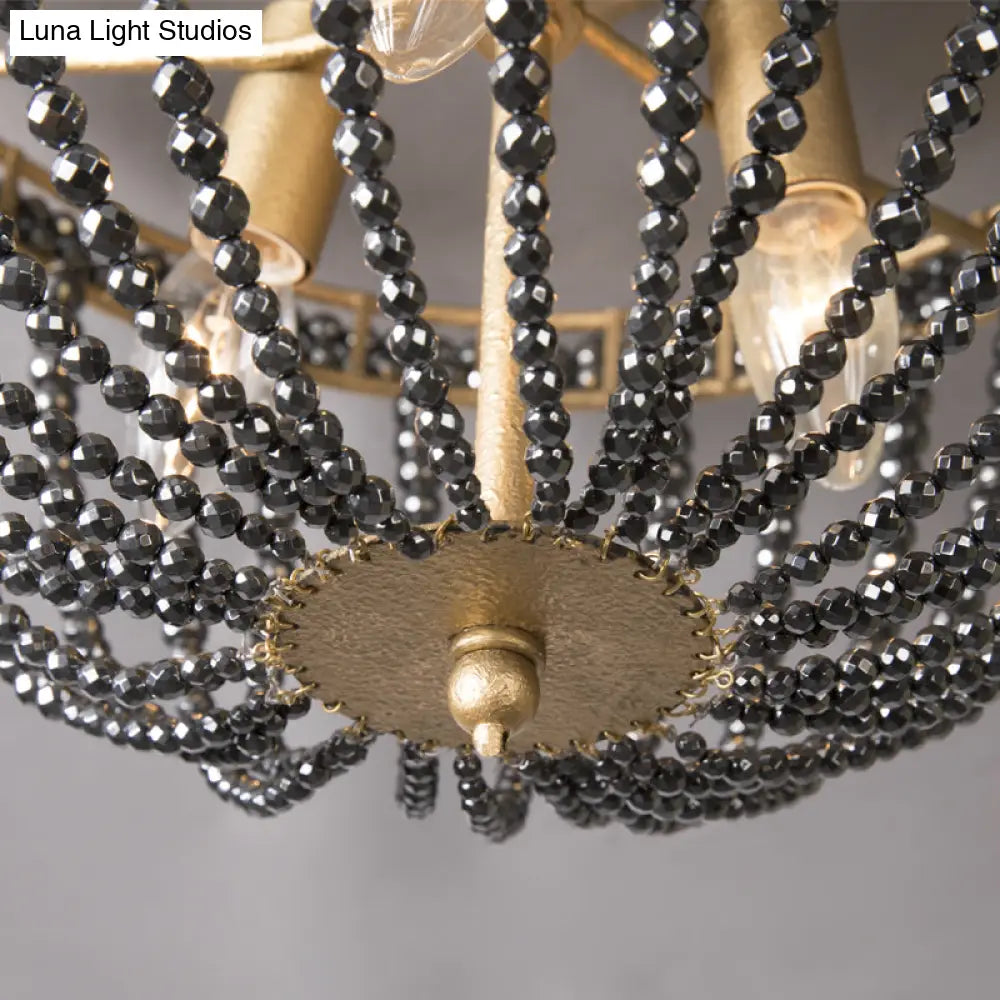 Traditional Beaded Black Crystal Flush Mount Ceiling Lamp - 3-Light Brass Fixture For Bedrooms