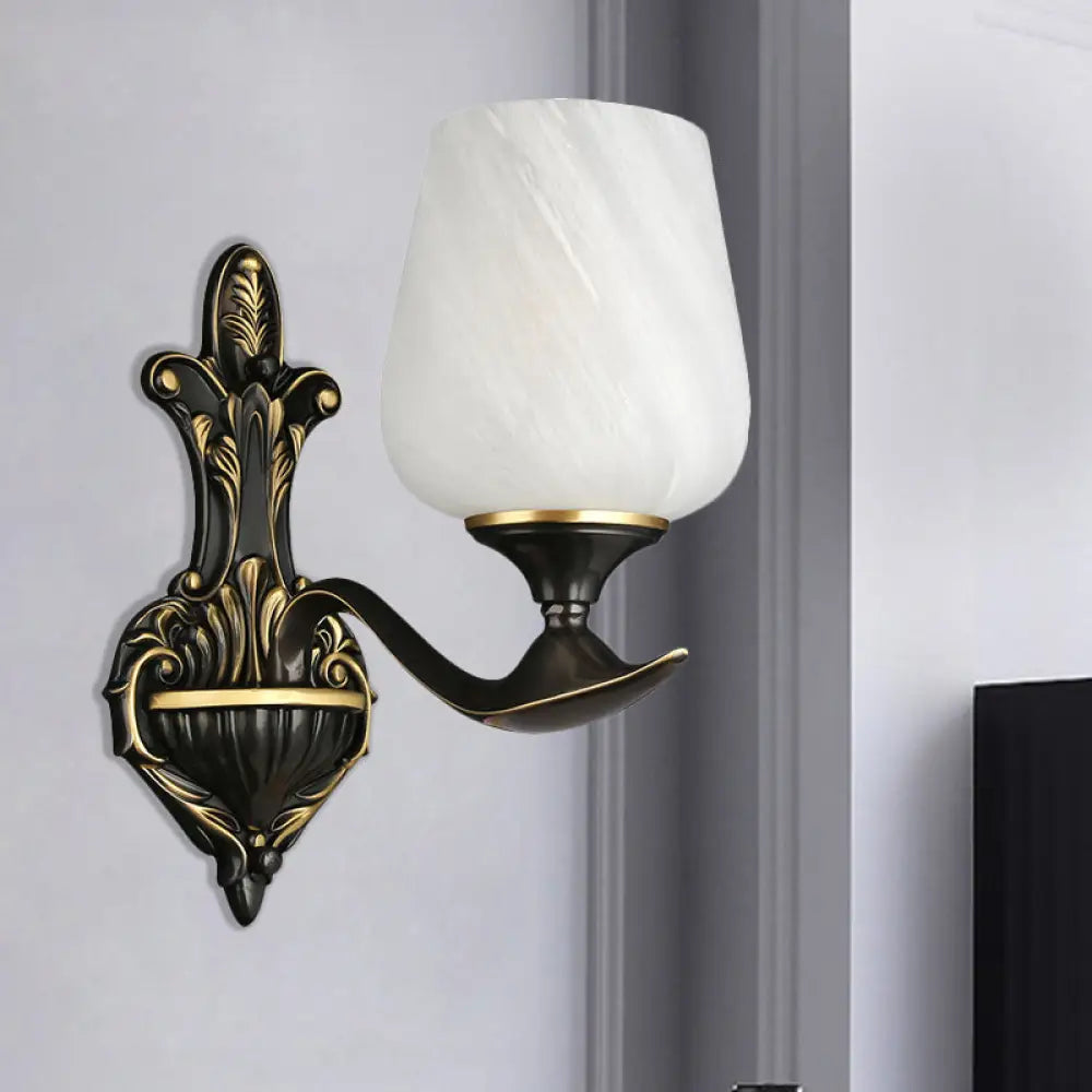 Traditional Bedside Wall Lamp: Milky Glass Cup-Like 1/2-Light Fixture In Black And Gold 1 /