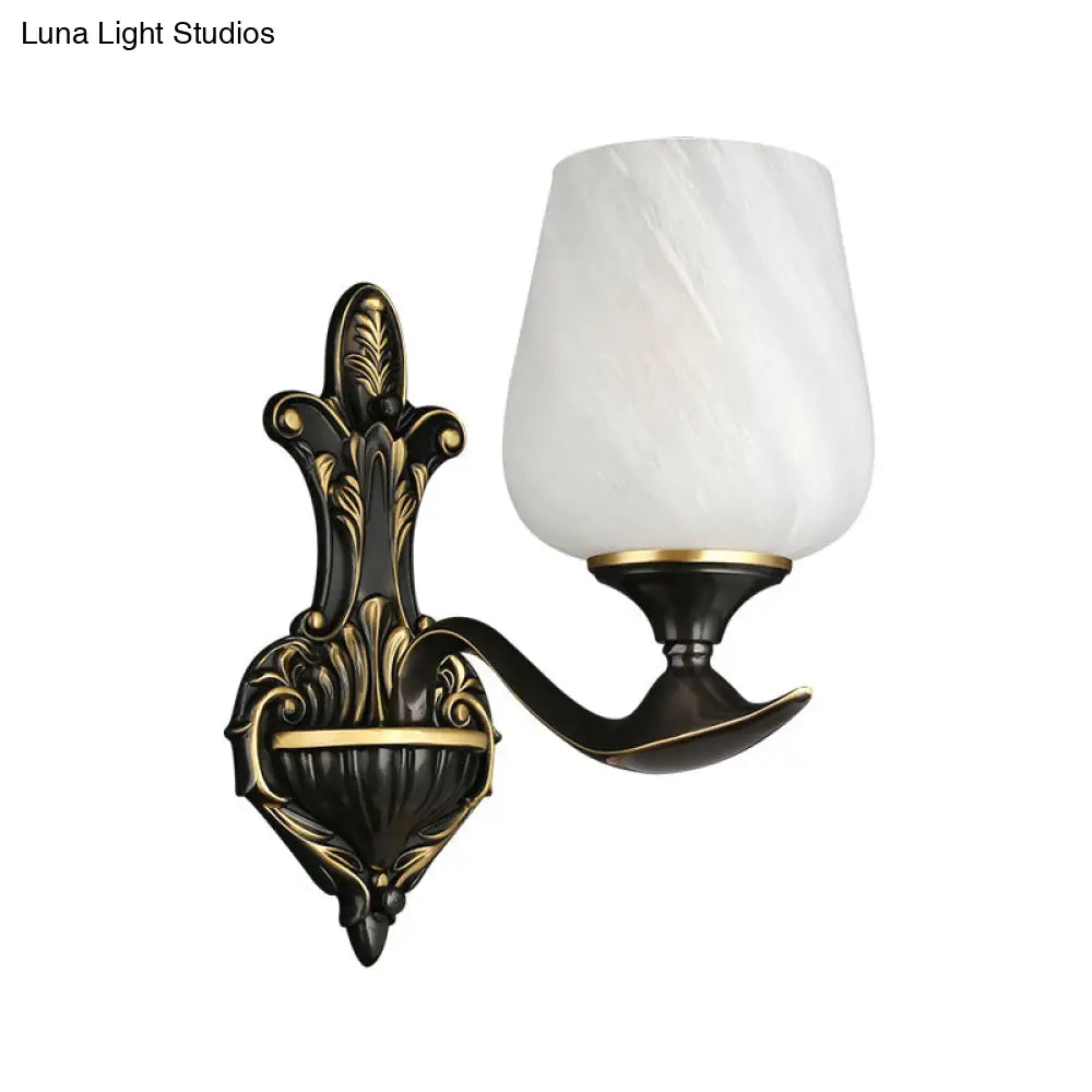 Traditional Bedside Wall Lamp: Milky Glass Cup-Like 1/2-Light Fixture In Black And Gold