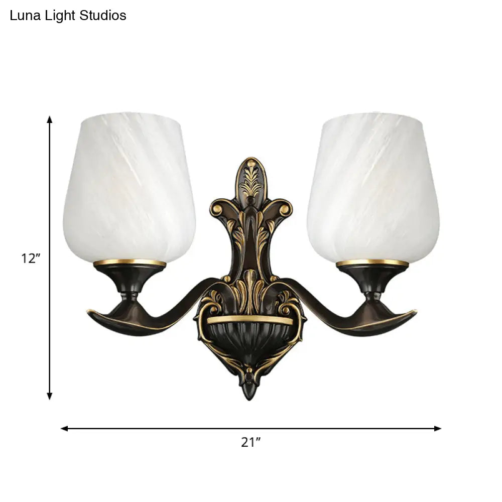 Traditional Bedside Wall Lamp: Milky Glass Cup-Like 1/2-Light Fixture In Black And Gold