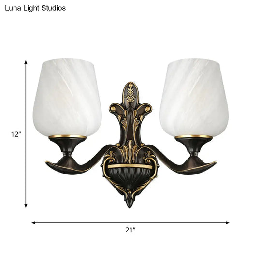 Traditional Bedside Wall Lamp: Milky Glass Cup-Like 1/2-Light Fixture In Black And Gold