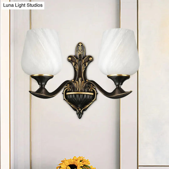 Traditional Bedside Wall Lamp: Milky Glass Cup-Like 1/2-Light Fixture In Black And Gold