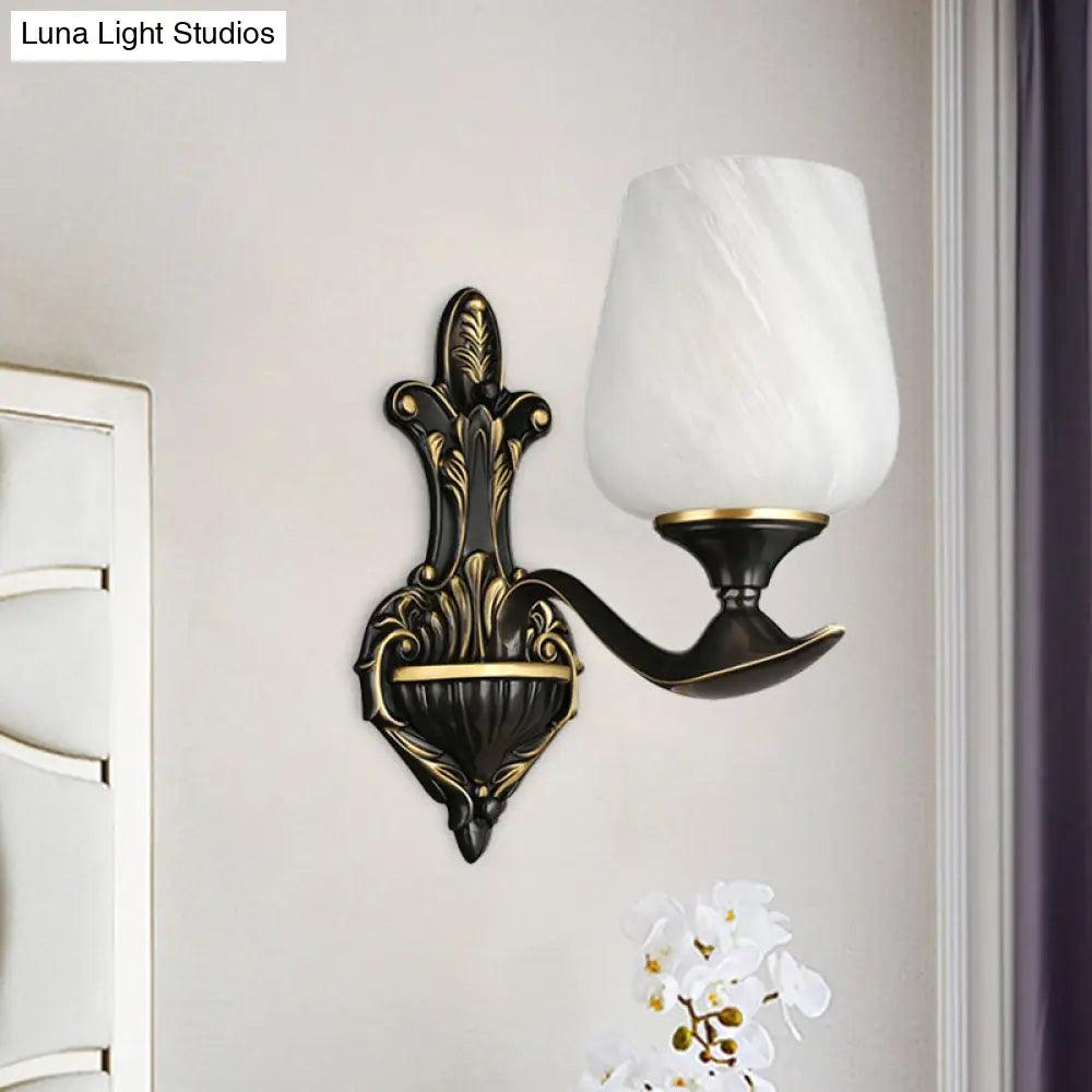 Traditional Bedside Wall Lamp: Milky Glass Cup-Like 1/2-Light Fixture In Black And Gold