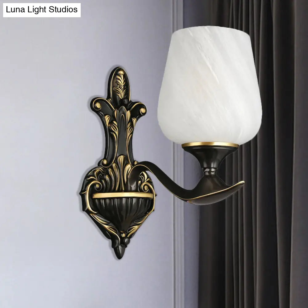 Traditional Bedside Wall Lamp: Milky Glass Cup-Like 1/2-Light Fixture In Black And Gold