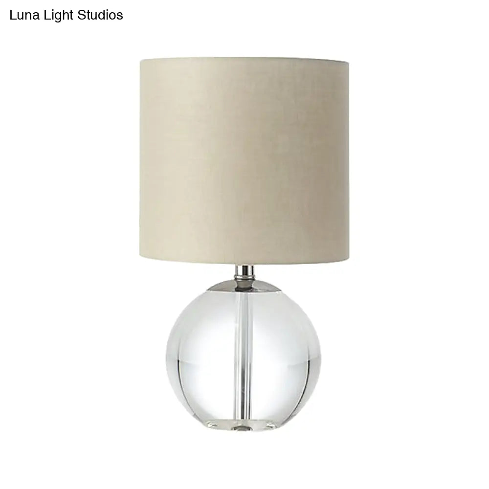 Traditional Beige 1-Head Nightstand Lamp With Fabric Cylindrical Shade And Crystal Spherical Base