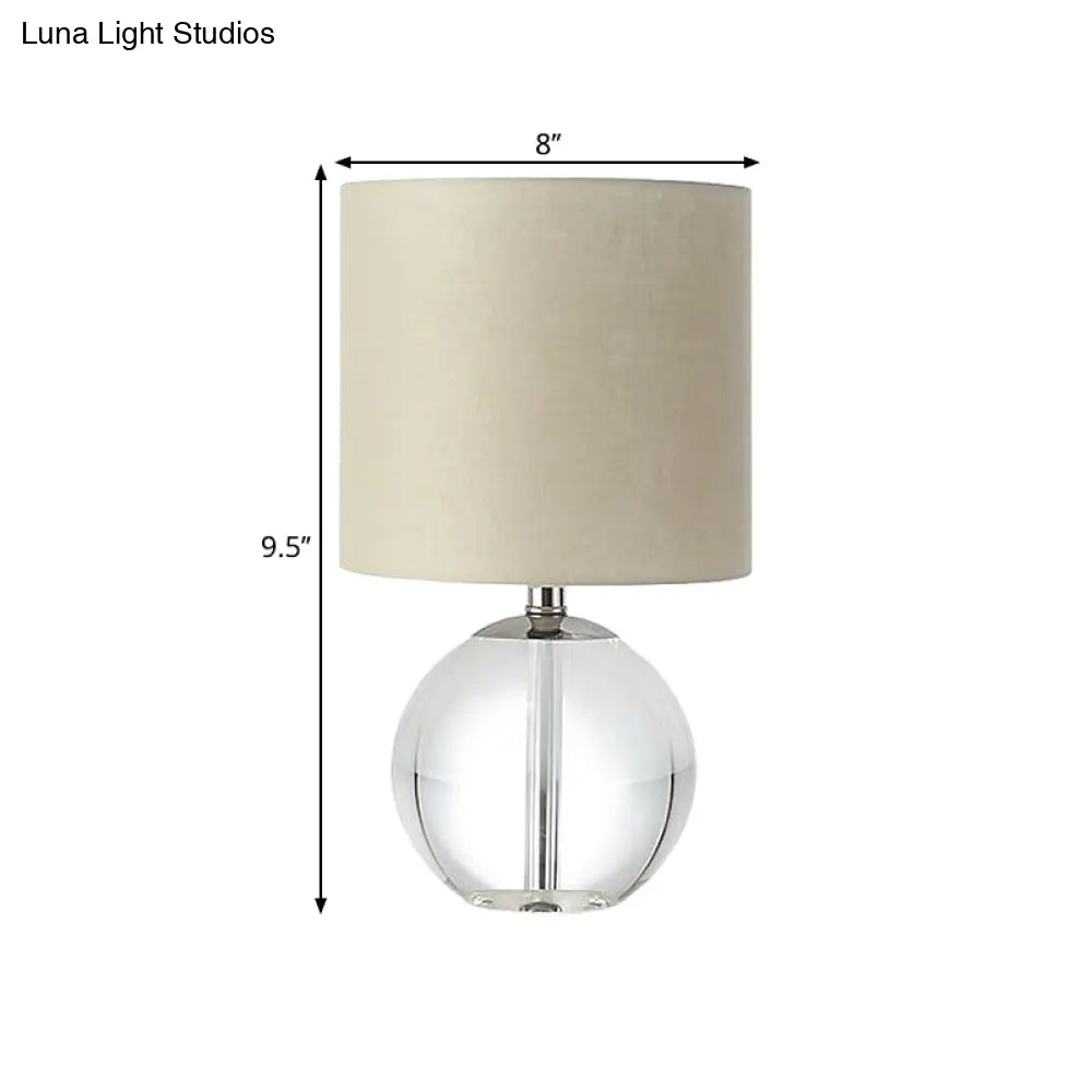 Traditional Beige 1-Head Nightstand Lamp With Fabric Cylindrical Shade And Crystal Spherical Base