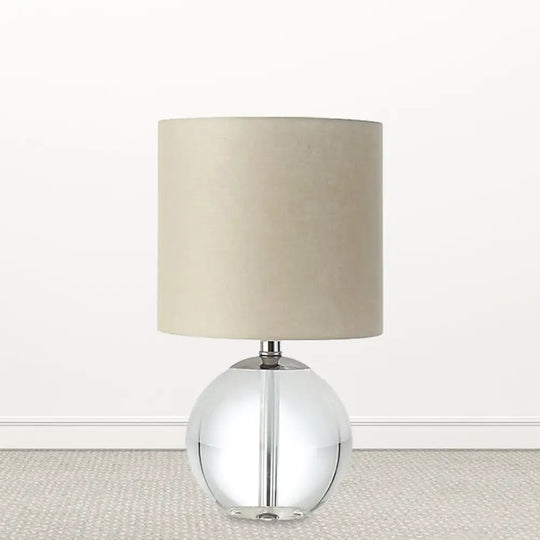 Traditional Beige 1-Head Nightstand Lamp With Fabric Cylindrical Shade And Crystal Spherical Base