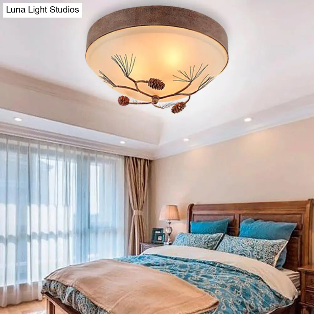 Traditional Beige Ceiling Light Fixture With Frosted Glass Drum Shade - 3 Lights For Bedroom