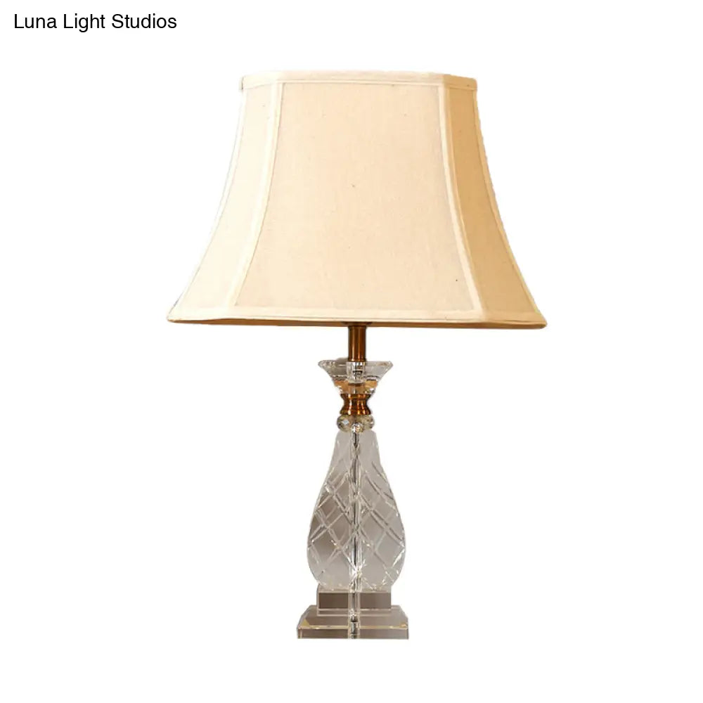 Traditional Beige Fabric Night Lamp With Crystal Base - Bedroom Nightstand Light