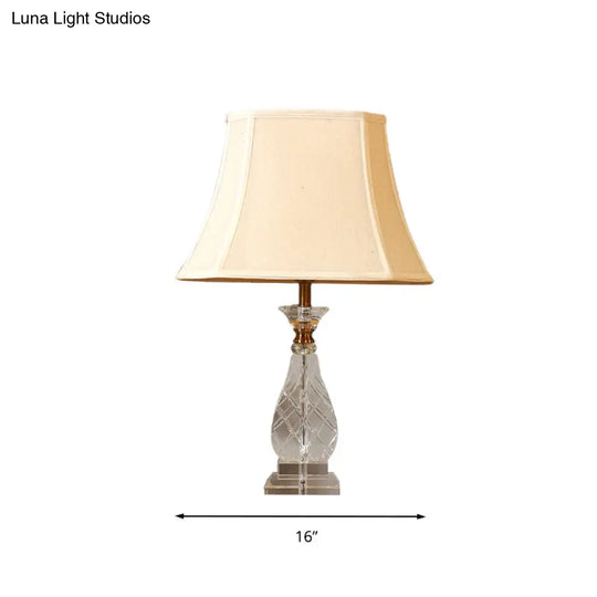 Traditional Beige Fabric Night Lamp With Crystal Base - Bedroom Nightstand Light