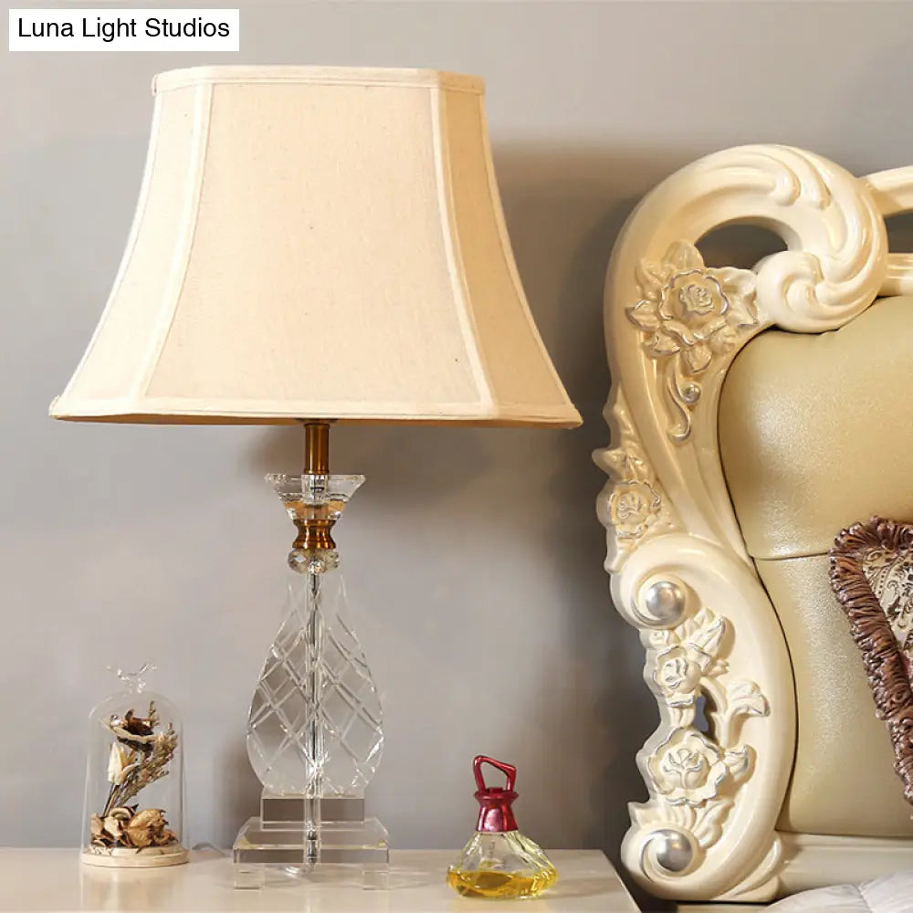 Traditional Beige Fabric Night Lamp With Crystal Base - Bedroom Nightstand Light