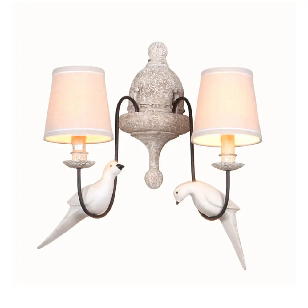 Traditional Beige Fabric Wall Sconce Light With 2-Head Barrel Design Curved Arm And Bird Decor