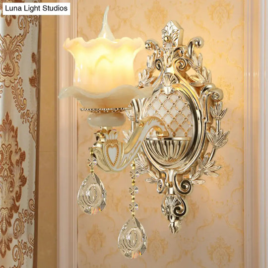 Traditional Beige Flower Wall Sconce With Crystal Drop For Hallways - Jade Light