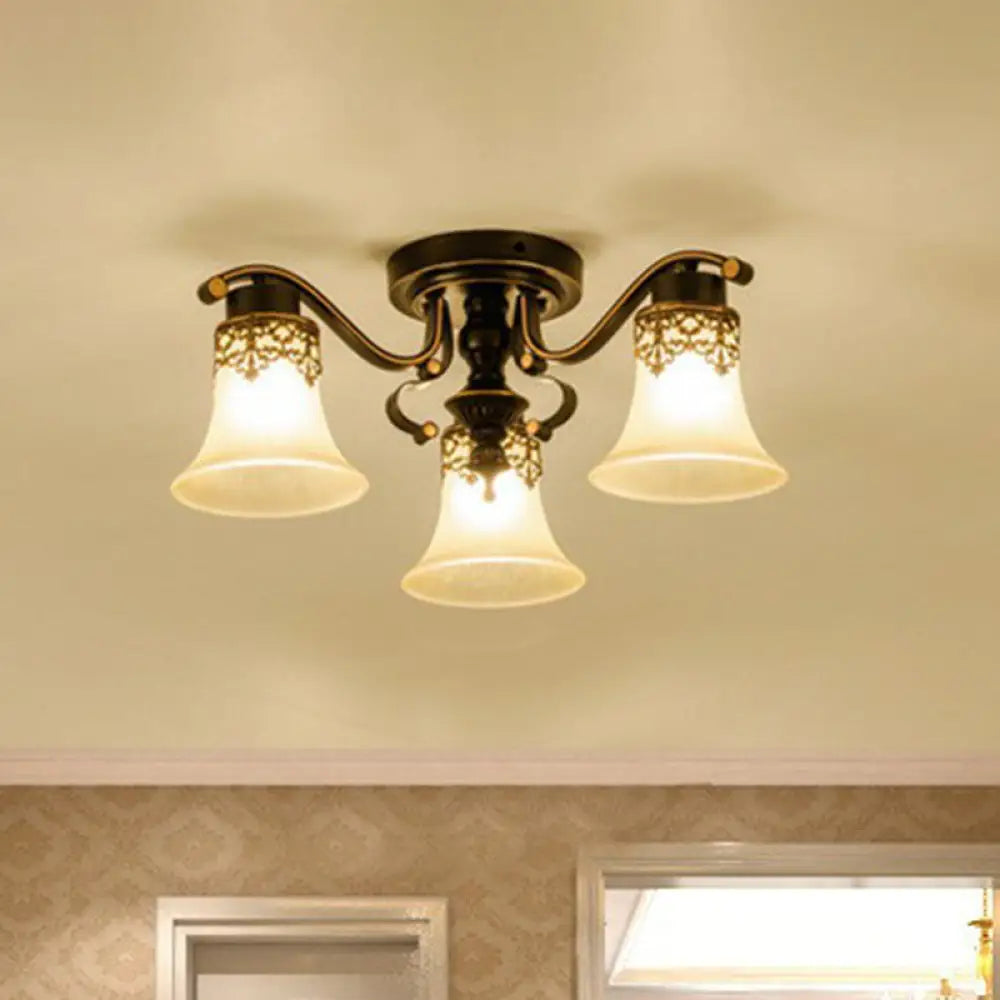 Traditional Beige Glass Bell Semi Flush Ceiling Chandelier In Black For Living Rooms 3 /
