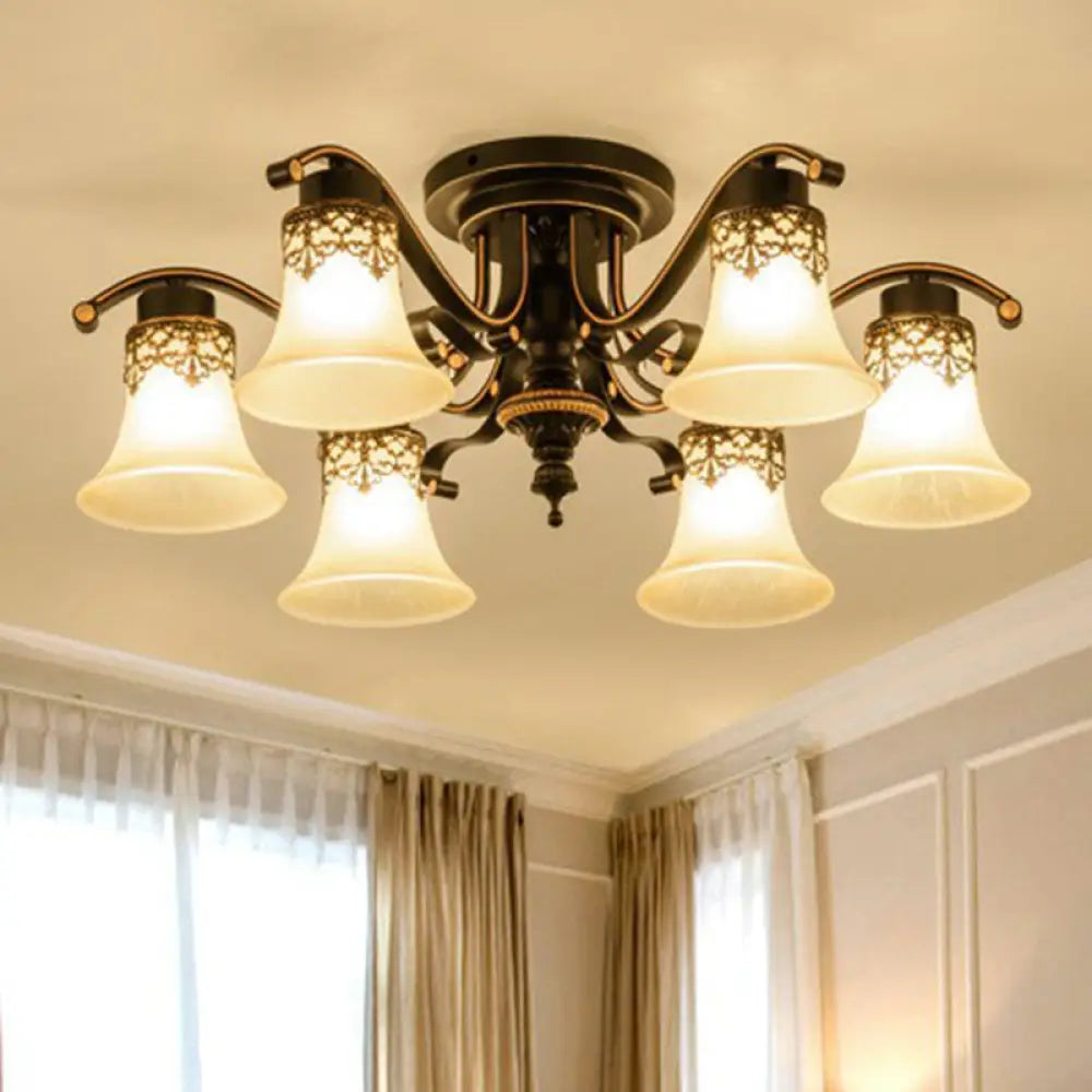 Traditional Beige Glass Bell Semi Flush Ceiling Chandelier In Black For Living Rooms 6 /