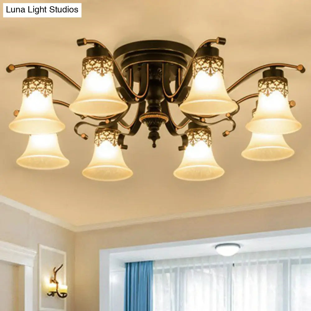 Traditional Beige Glass Bell Semi Flush Ceiling Chandelier In Black For Living Rooms