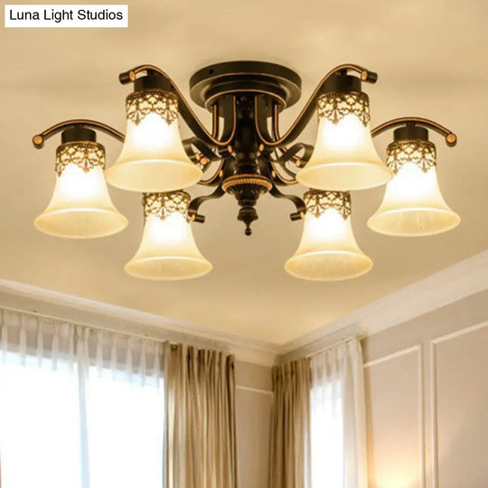 Traditional Beige Glass Bell Semi Flush Ceiling Chandelier In Black For Living Rooms 6 /