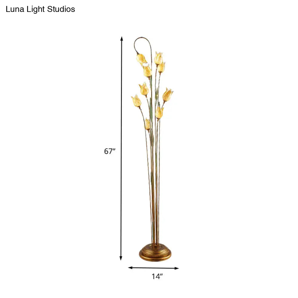 Traditional Beige Glass Floor Lamp With 9 Lights - Flower Living Room Stand-Up In Brass