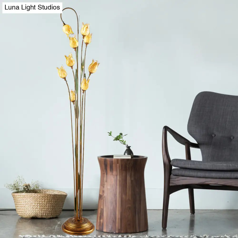 Traditional Beige Glass Floor Lamp With 9 Lights - Flower Living Room Stand-Up In Brass