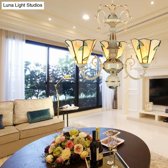 Beige Glass Leaf Pendant Chandelier With Adjustable Chain - Traditional Style