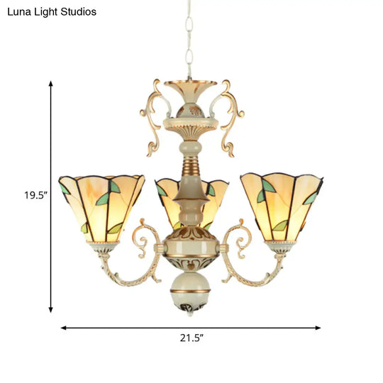 Beige Glass Leaf Pendant Chandelier With Adjustable Chain - Traditional Style