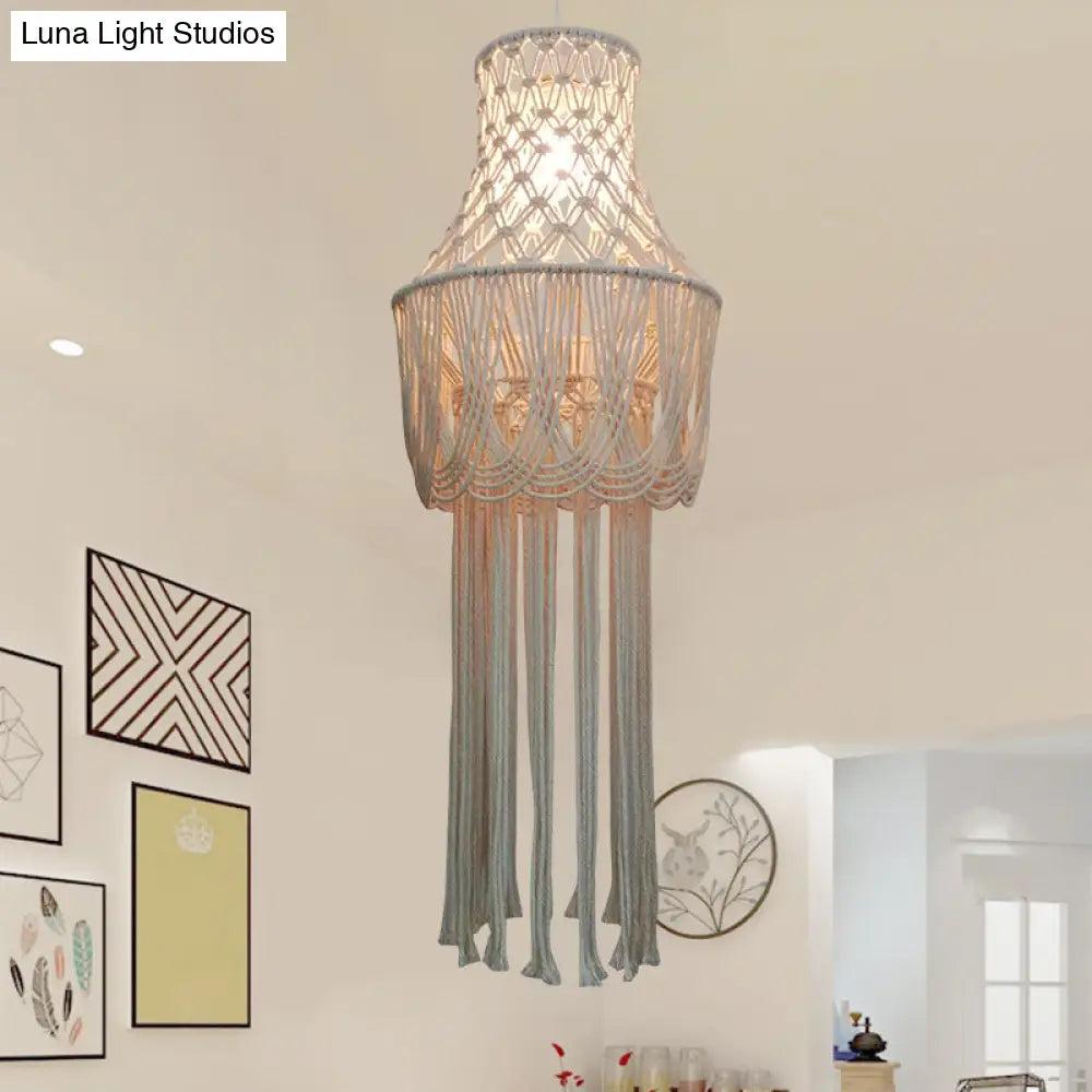 Traditional Beige Pendant Light With Hemp Rope Tassel Fringe - 1-Light Hanging Lamp Kit