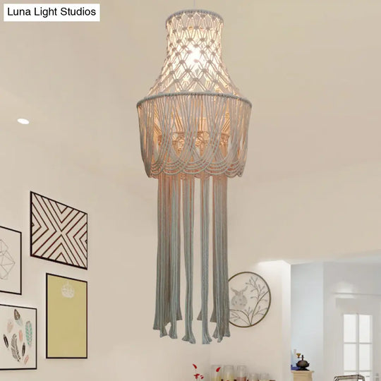 Traditional Beige Pendant Light With Hemp Rope Tassel Fringe - 1-Light Hanging Lamp Kit