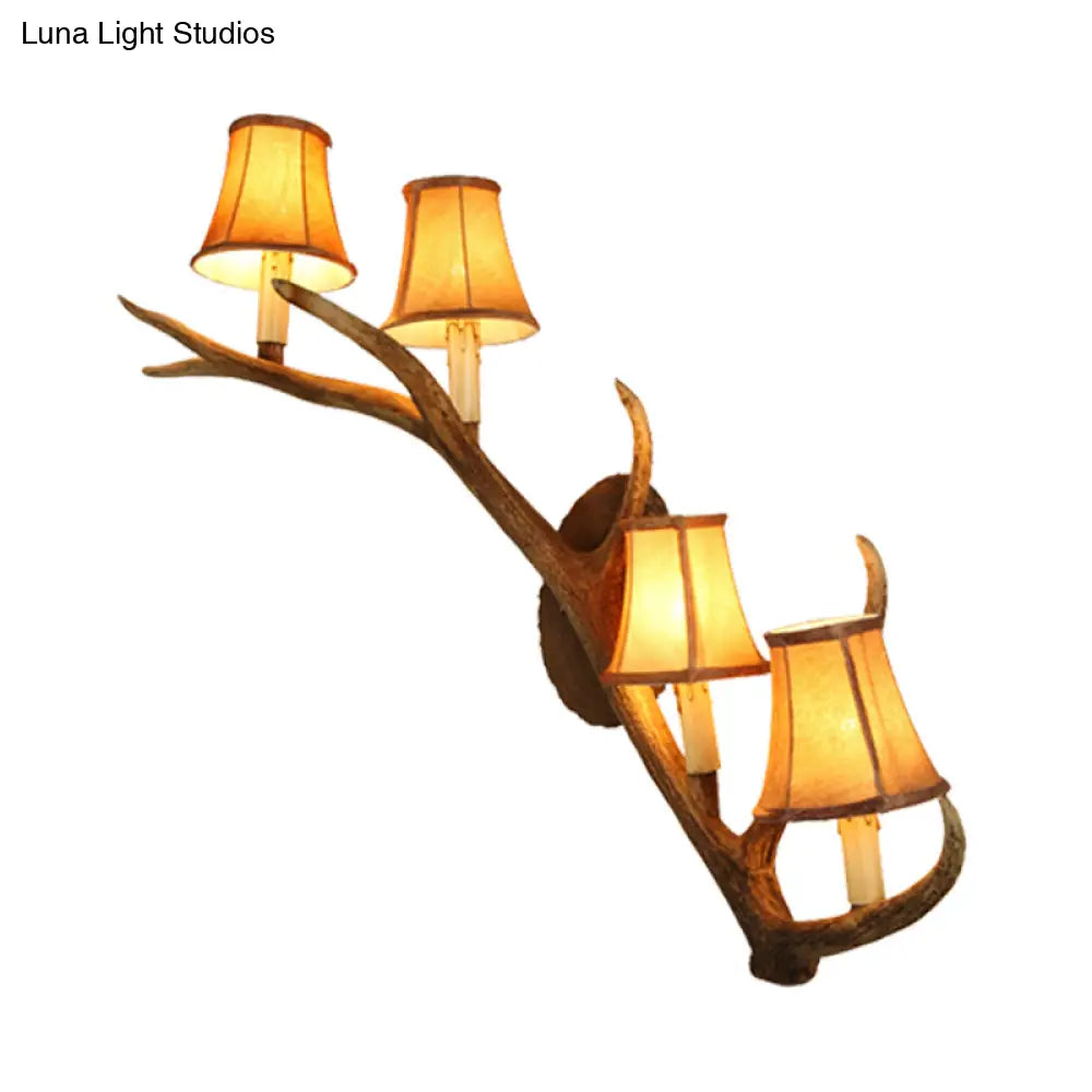 Traditional Beige Sconce Wall Light Fixture - Tapered Resin And Fabric 4-Light Bedroom Lamp With Elk