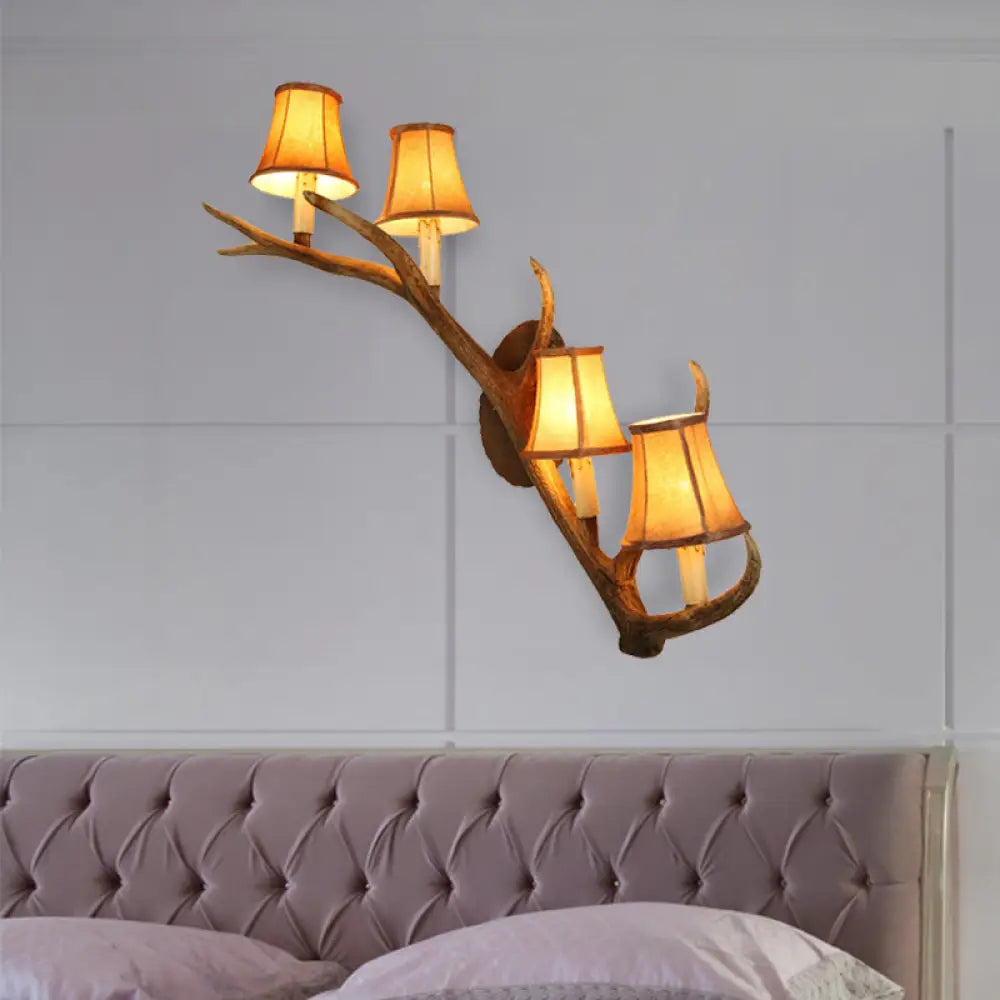 Traditional Beige Sconce Wall Light Fixture - Tapered Resin And Fabric 4-Light Bedroom Lamp With Elk