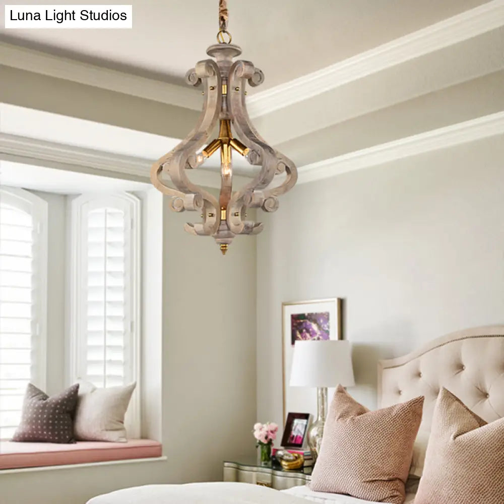 Traditional Beige/White Wood Lantern Chandelier - Bedroom Ceiling Light