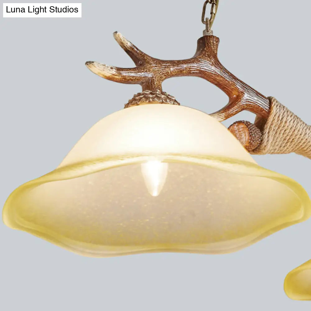 Traditional Bell Ceiling Lamp: 2-Bulb Bedroom Island Light Fixture With Antler Arm In Flaxen Fabric