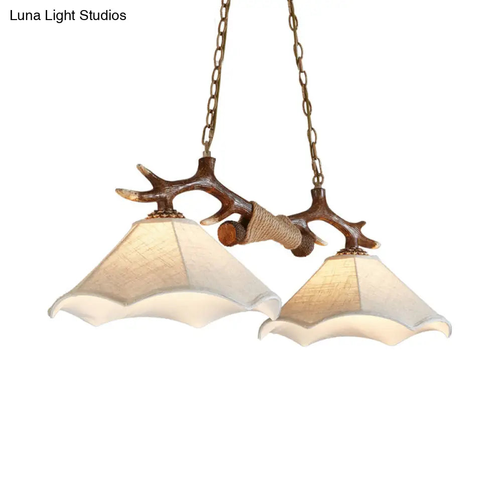 Traditional Bell Ceiling Lamp: 2-Bulb Bedroom Island Light Fixture With Antler Arm In Flaxen Fabric