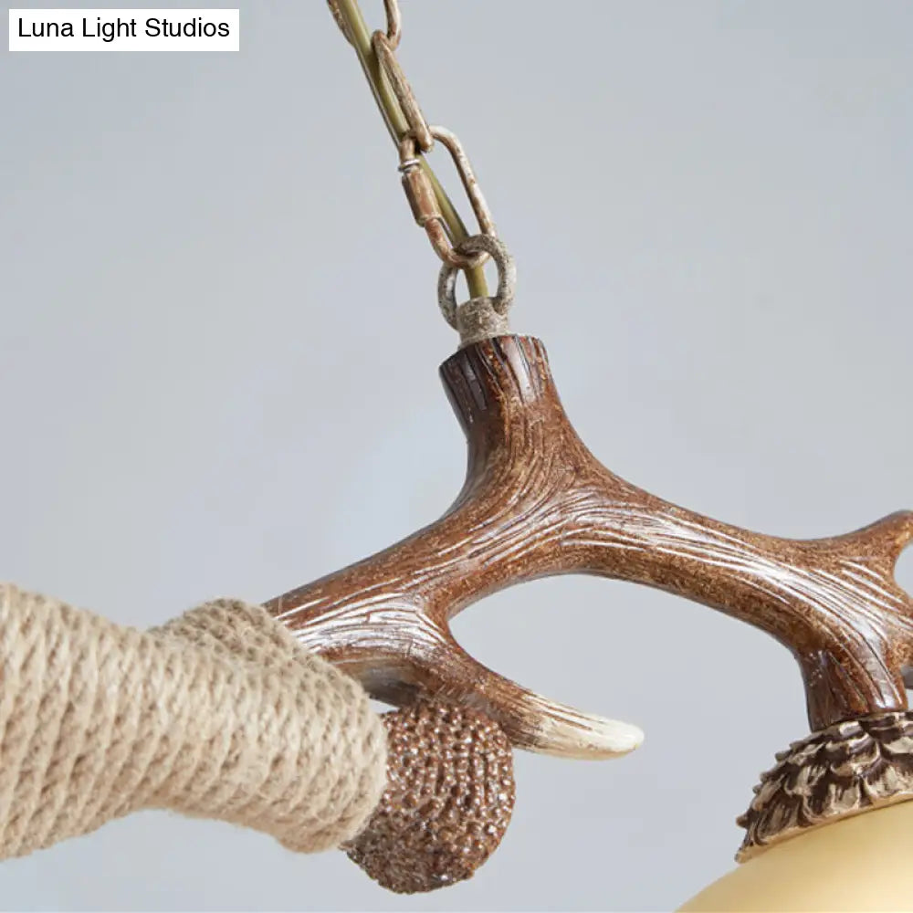 Traditional Bell Ceiling Lamp: 2-Bulb Bedroom Island Light Fixture With Antler Arm In Flaxen Fabric