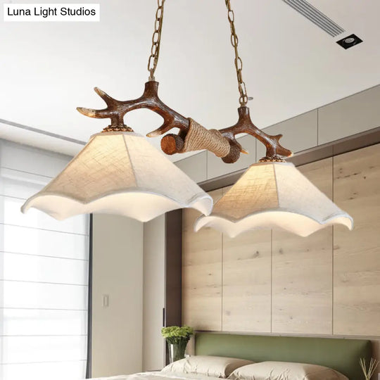 Traditional Bell Ceiling Lamp: 2-Bulb Bedroom Island Light Fixture With Antler Arm In Flaxen Fabric