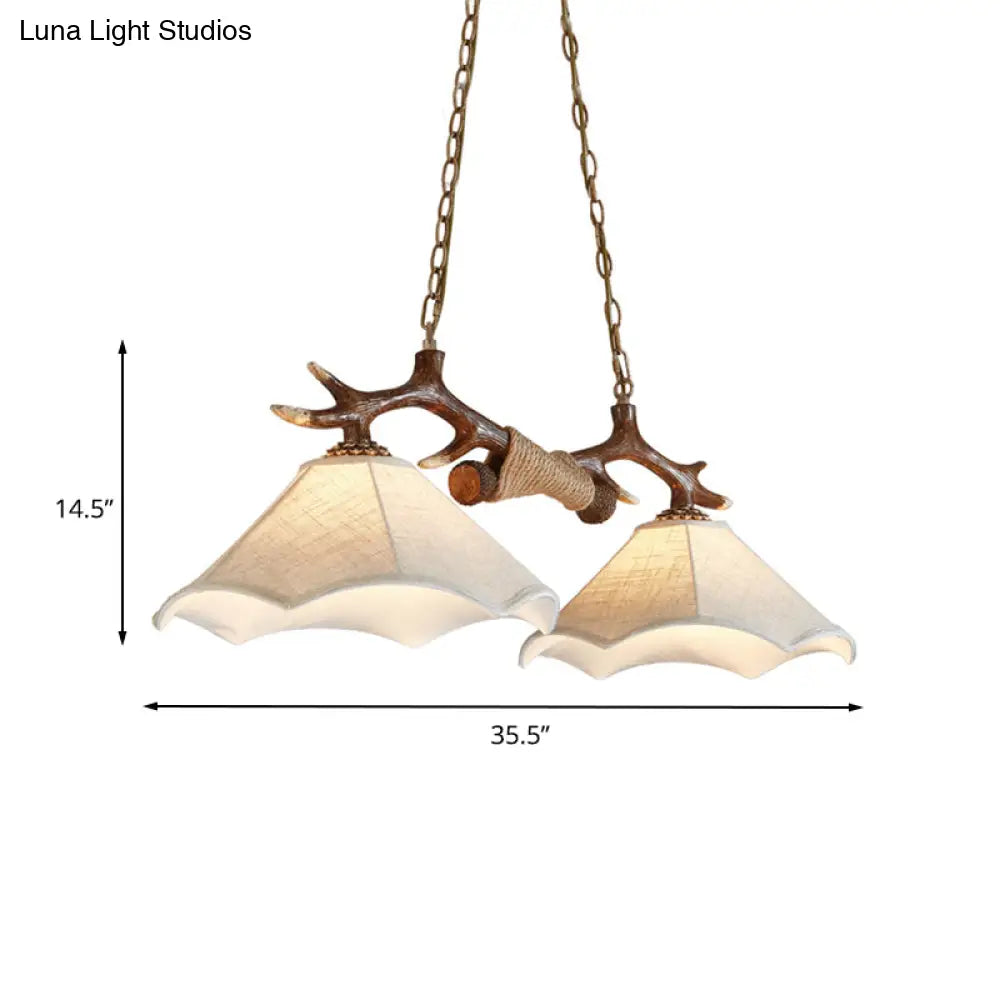 Traditional Bell Ceiling Lamp: 2-Bulb Bedroom Island Light Fixture With Antler Arm In Flaxen Fabric