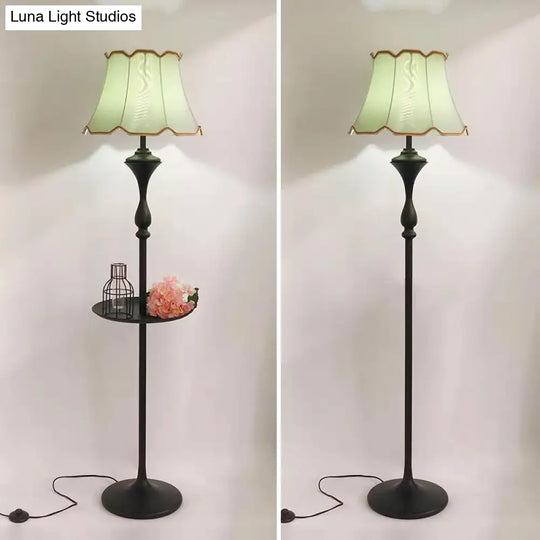 Traditional Bell Shaped Fabric Floor Lamp With Scalloped Trim For Living Room - Single-Bulb Standing