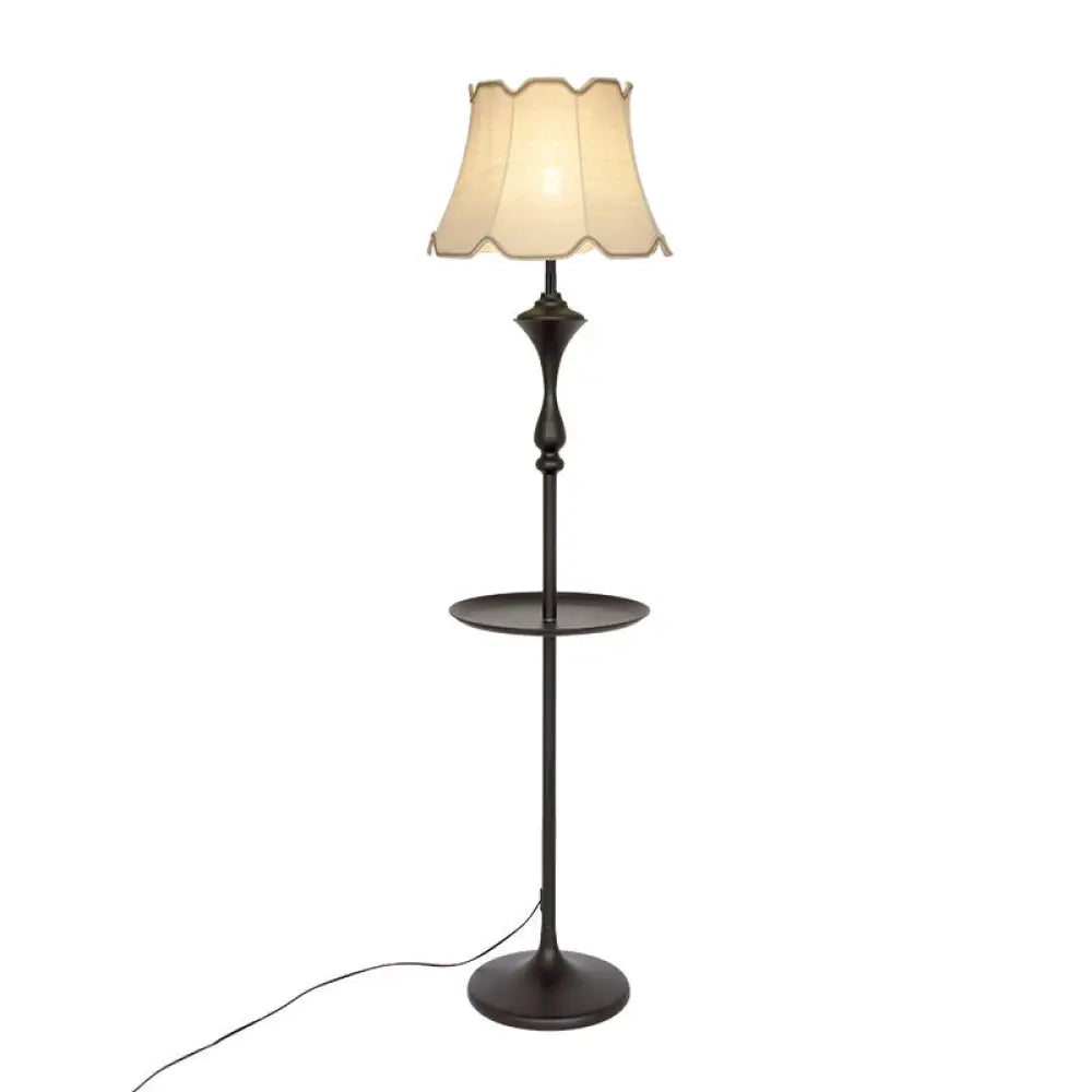 Traditional Bell Shaped Fabric Floor Lamp With Scalloped Trim For Living Room - Single-Bulb Standing