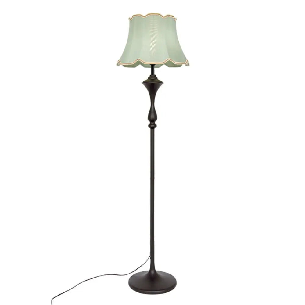 Traditional Bell Shaped Fabric Floor Lamp With Scalloped Trim For Living Room - Single-Bulb Standing