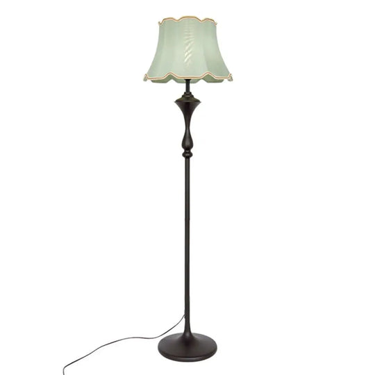 Traditional Bell Shaped Fabric Floor Lamp With Scalloped Trim For Living Room - Single-Bulb Standing