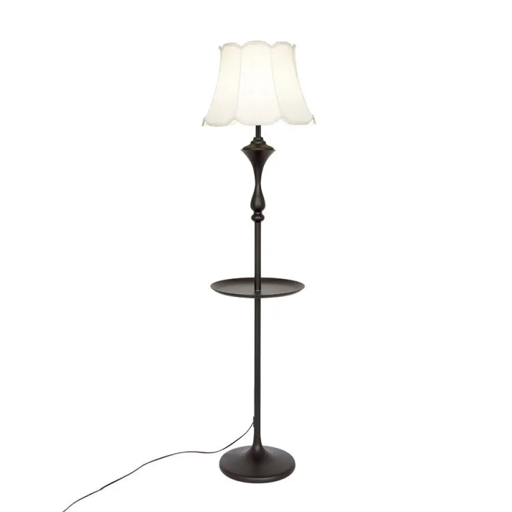 Traditional Bell Shaped Fabric Floor Lamp With Scalloped Trim For Living Room - Single-Bulb Standing