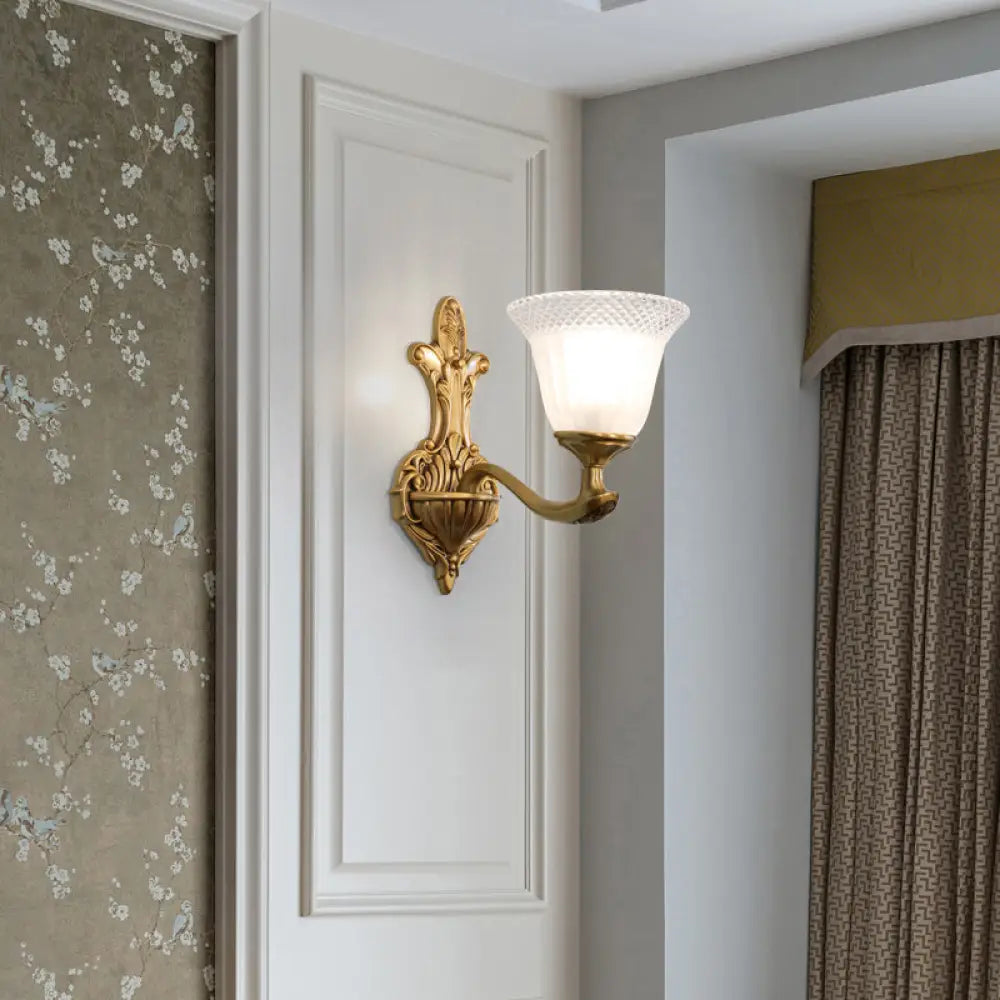 Traditional Bell Wall Sconce With Brass Finish And White Ribbed Glass 1 /