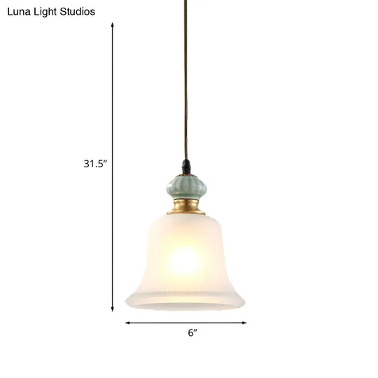 Traditional Bell White Glass Pendant Light With Ceramic Cap - Ideal For Restaurants 1 Bulb Hanging