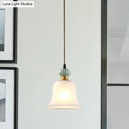 Traditional Bell White Glass Pendant Light With Ceramic Cap - Ideal For Restaurants 1 Bulb Hanging