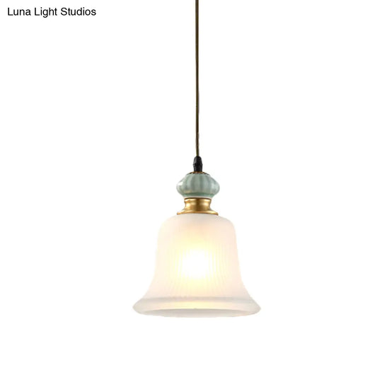 Traditional Bell White Glass Pendant Light With Ceramic Cap - Ideal For Restaurants 1 Bulb Hanging