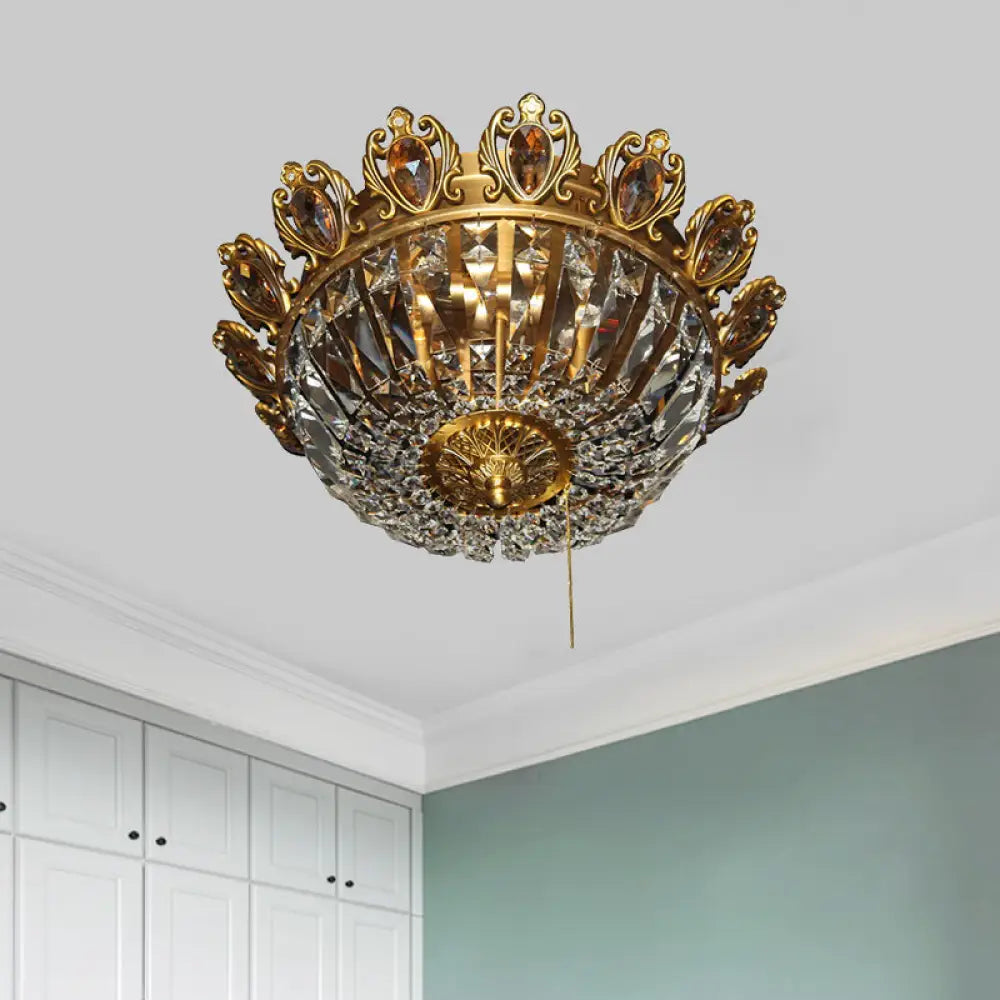 Traditional Beveled Crystal Bowl Flush Mount Ceiling Lamp With 4 Brass Heads For Bedroom Lighting