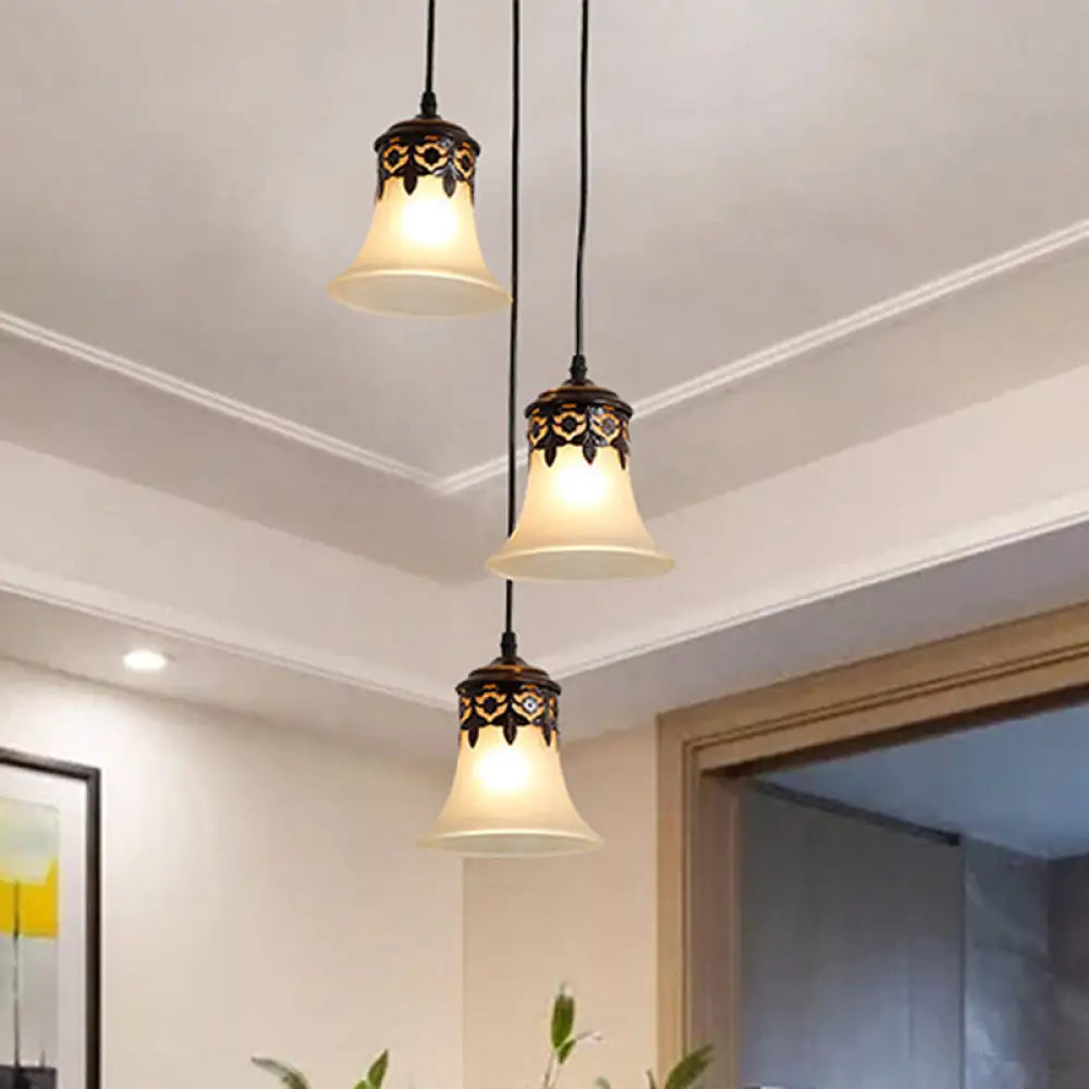 Traditional Black Bell Cluster Pendant With Frosted Glass - 3 Lights Hanging Lamp For Living Room