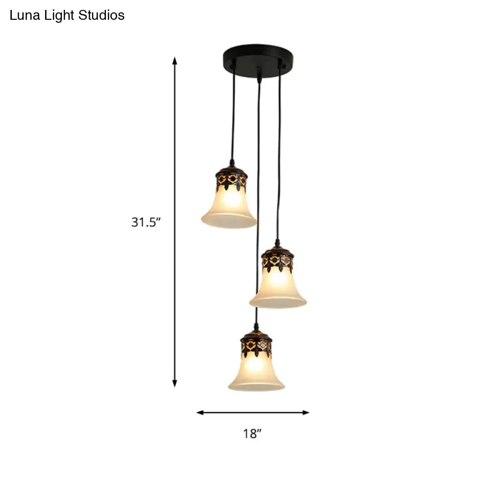 Traditional Black Bell Cluster Pendant With Frosted Glass - 3 Lights Hanging Lamp For Living Room