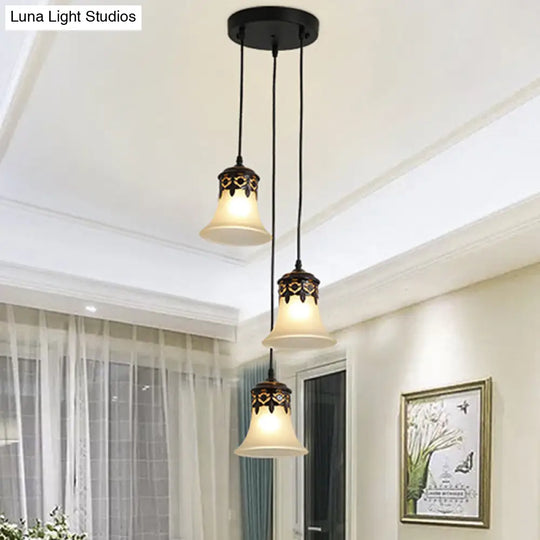 Traditional Black Bell Cluster Pendant With Frosted Glass - 3 Lights Hanging Lamp For Living Room