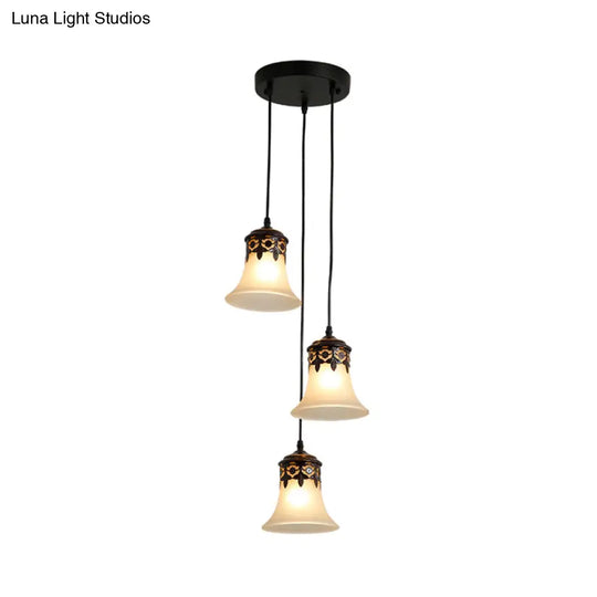 Traditional Black Bell Cluster Pendant With Frosted Glass - 3 Lights Hanging Lamp For Living Room