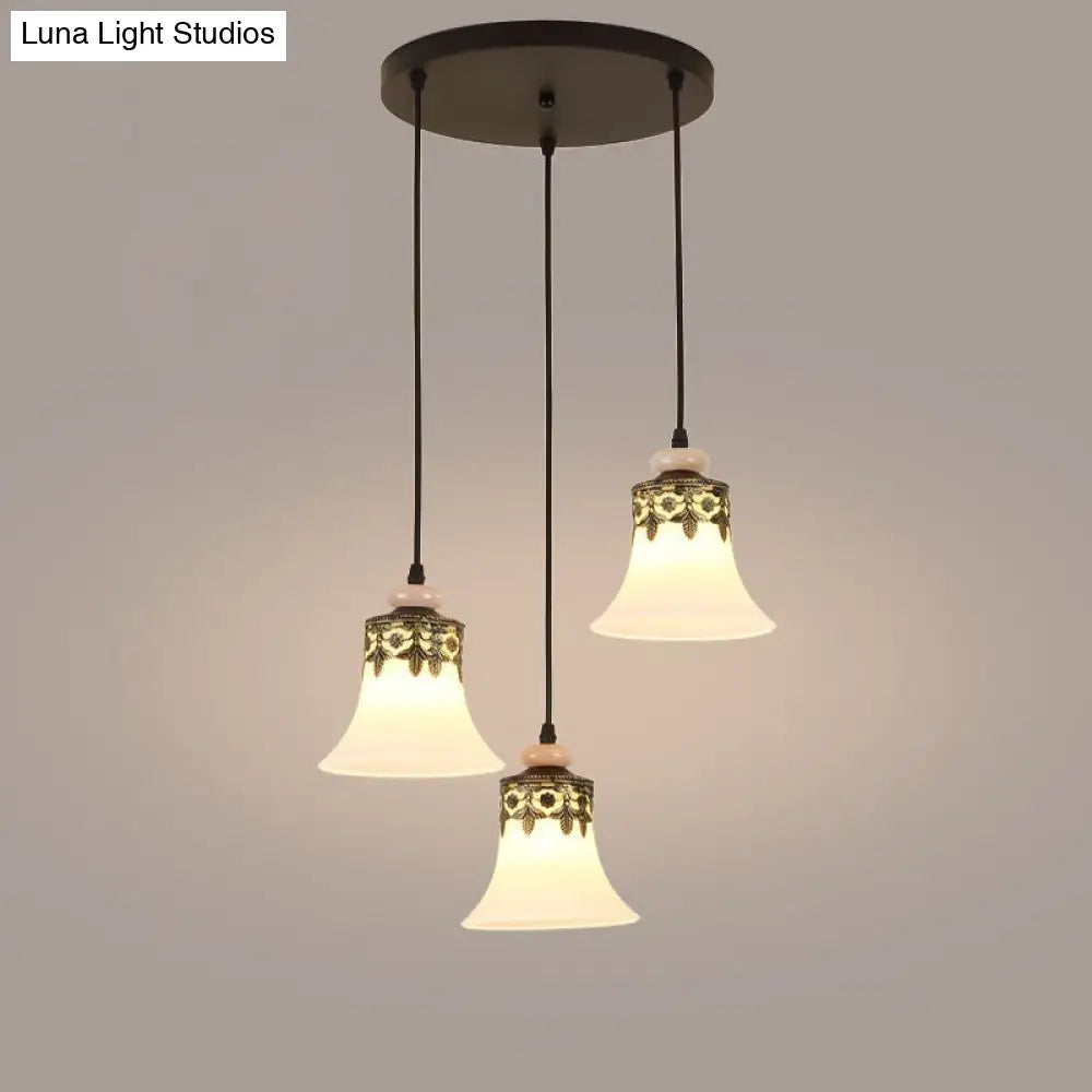 Traditional Black Bell Cluster Pendant With Frosted Glass - 3 Lights Hanging Lamp For Living Room